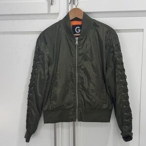 Guess Luke lace-up bomber jacket in olive green nylon with an orange lining